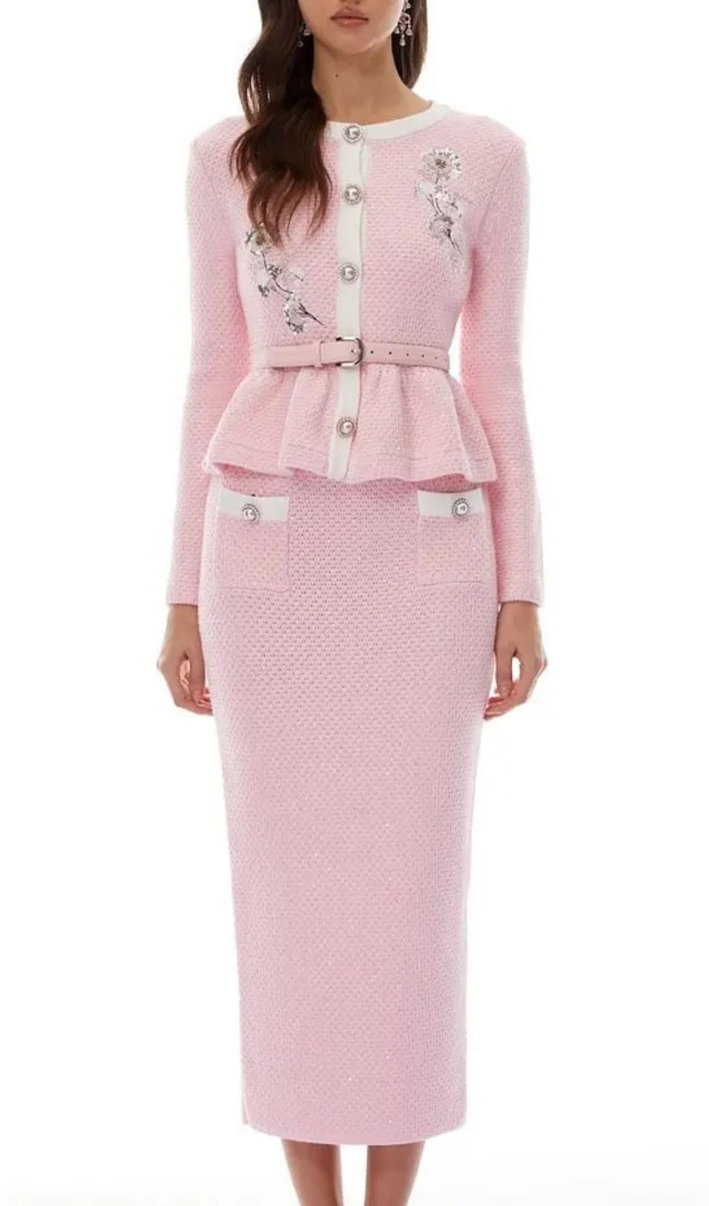 Shirley Sequined Knit Cardigan & Skirt Set - Pink