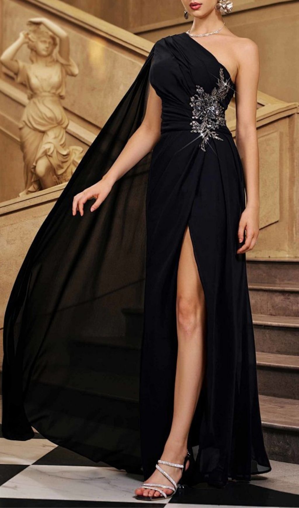 c324f858a9bc541bed88f08a81d0e4a6.jpg Layla Black One-Shoulder Sequin Maxi Slit Dress - black, embellished maxi dress by OWNCI