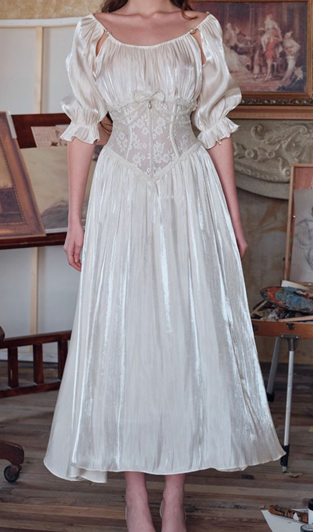 Square Neck Puff Sleeve Lace Satin Maxi Dress