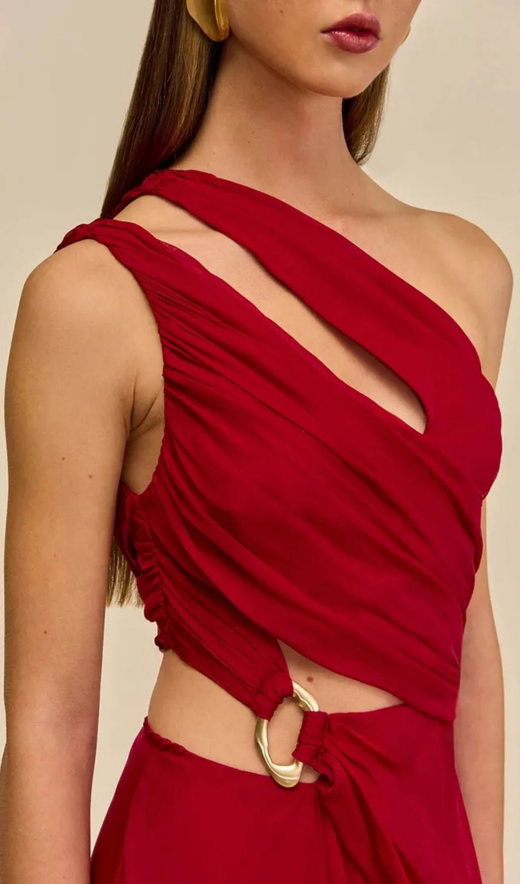 c375ff3696bd84a51cf6304d8e2957a7 Agatha One Shoulder Draped High Slit Silk Gown In Red