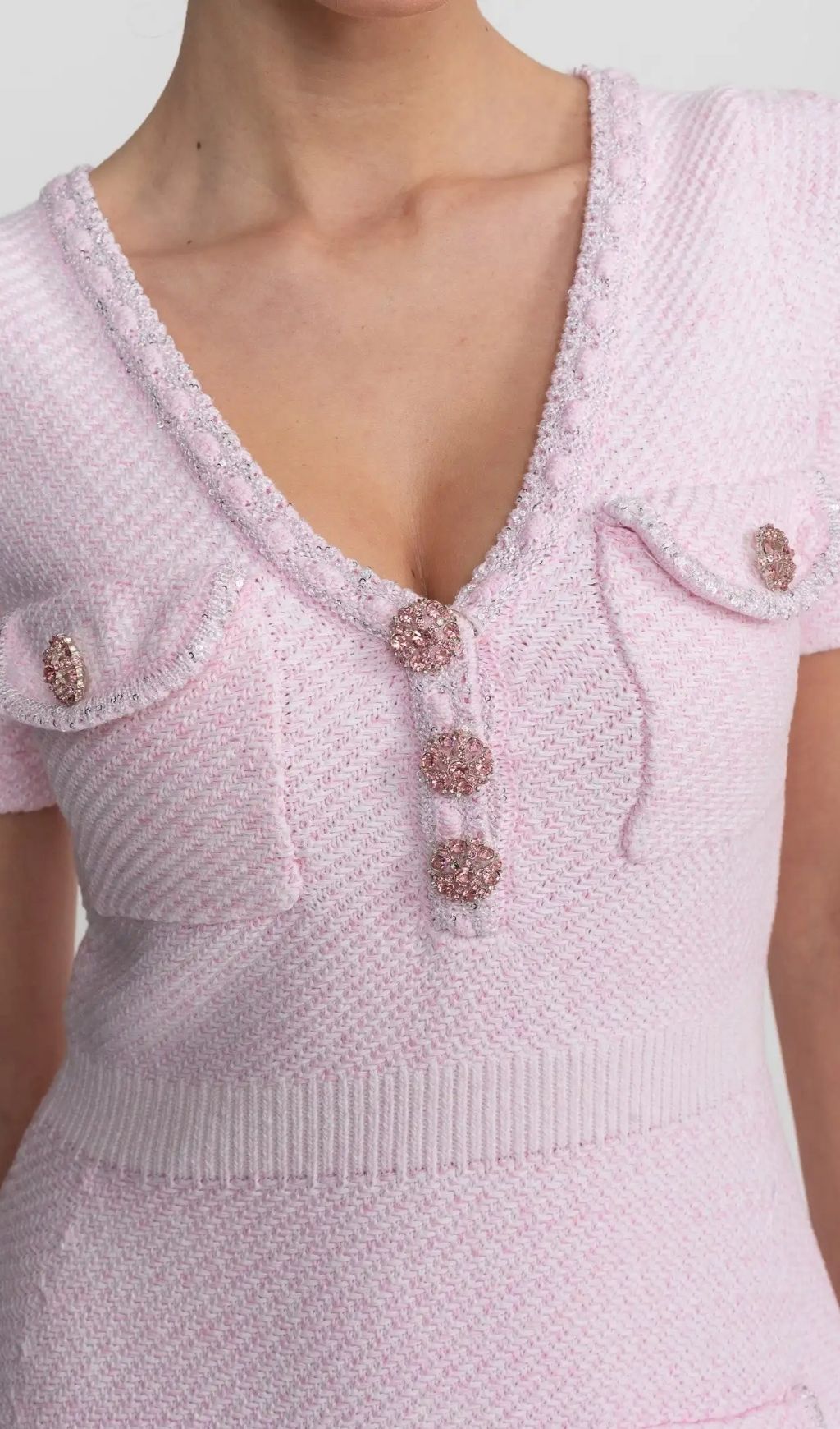 c3ba6cd20d698c75ab59dd0b4e71a693 Sandra Textured Mini Dress With V-Neckline And Jewel Buttons - Pink