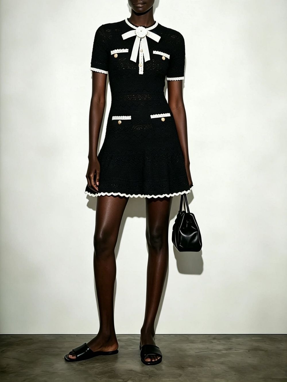 MADELENE BLACK FLOWER BOW KNIT COCKTAIL MINI DRESS