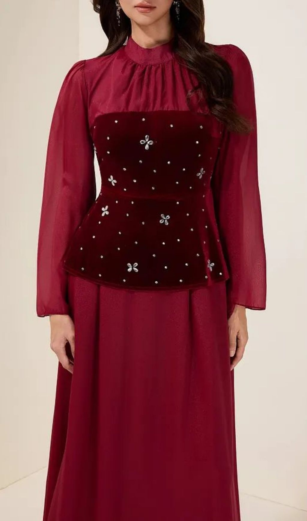Caroline Rhinestone Velvet Splicing Maxi Dress - Burgundy