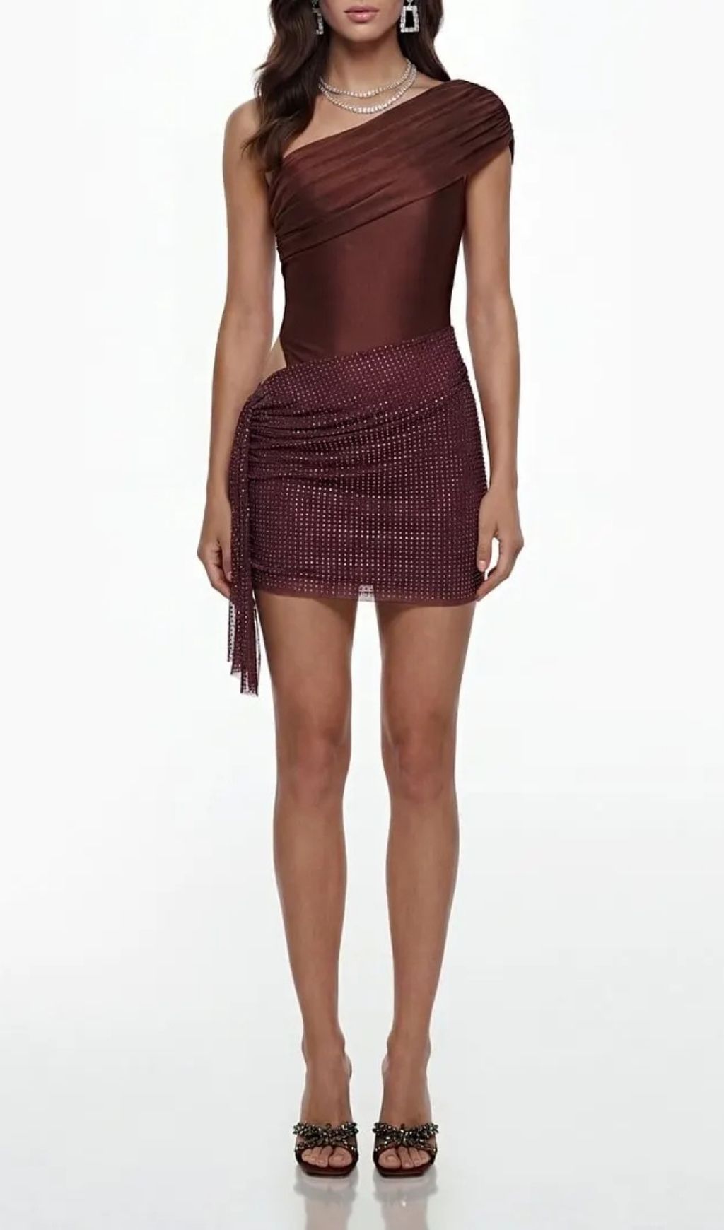 Elvira One-Shoulder Cut-Out Rhinestone Mini Dress In Brown