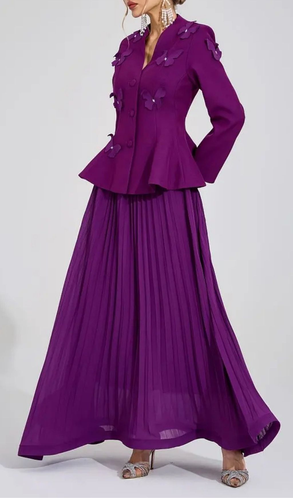 Sabrina Floral Embroidered Coat Maxi Skirt Set - Purple