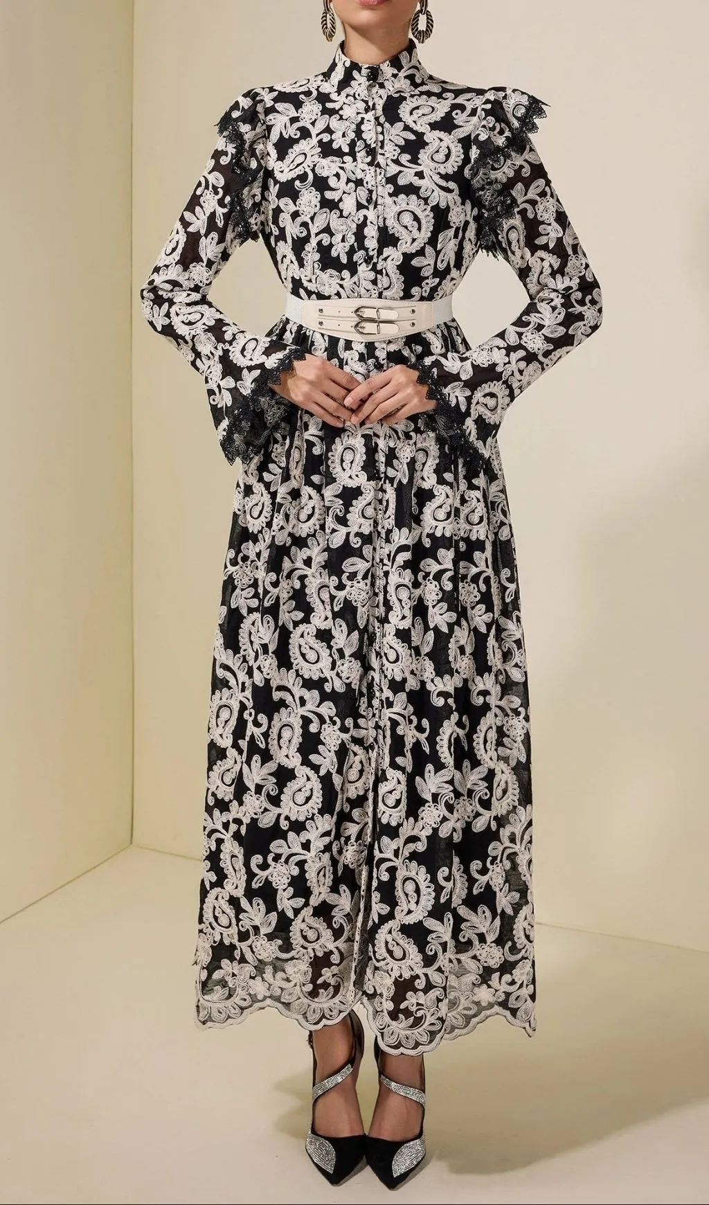 Alma Chiffon Embroidered Single Breasted Midi Dress With Belt - Black