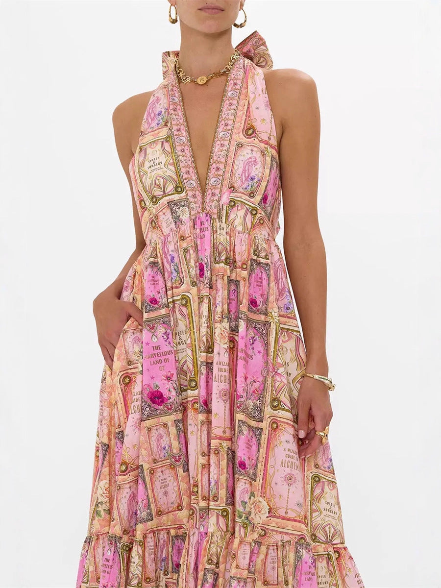 V-Neck Halter Neck Printed Maxi Dress - Pink