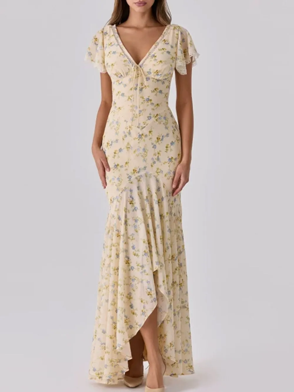 Fashionslee Women Ashgar Butter Yellow Puff Sleeve Floral Maxi Dress