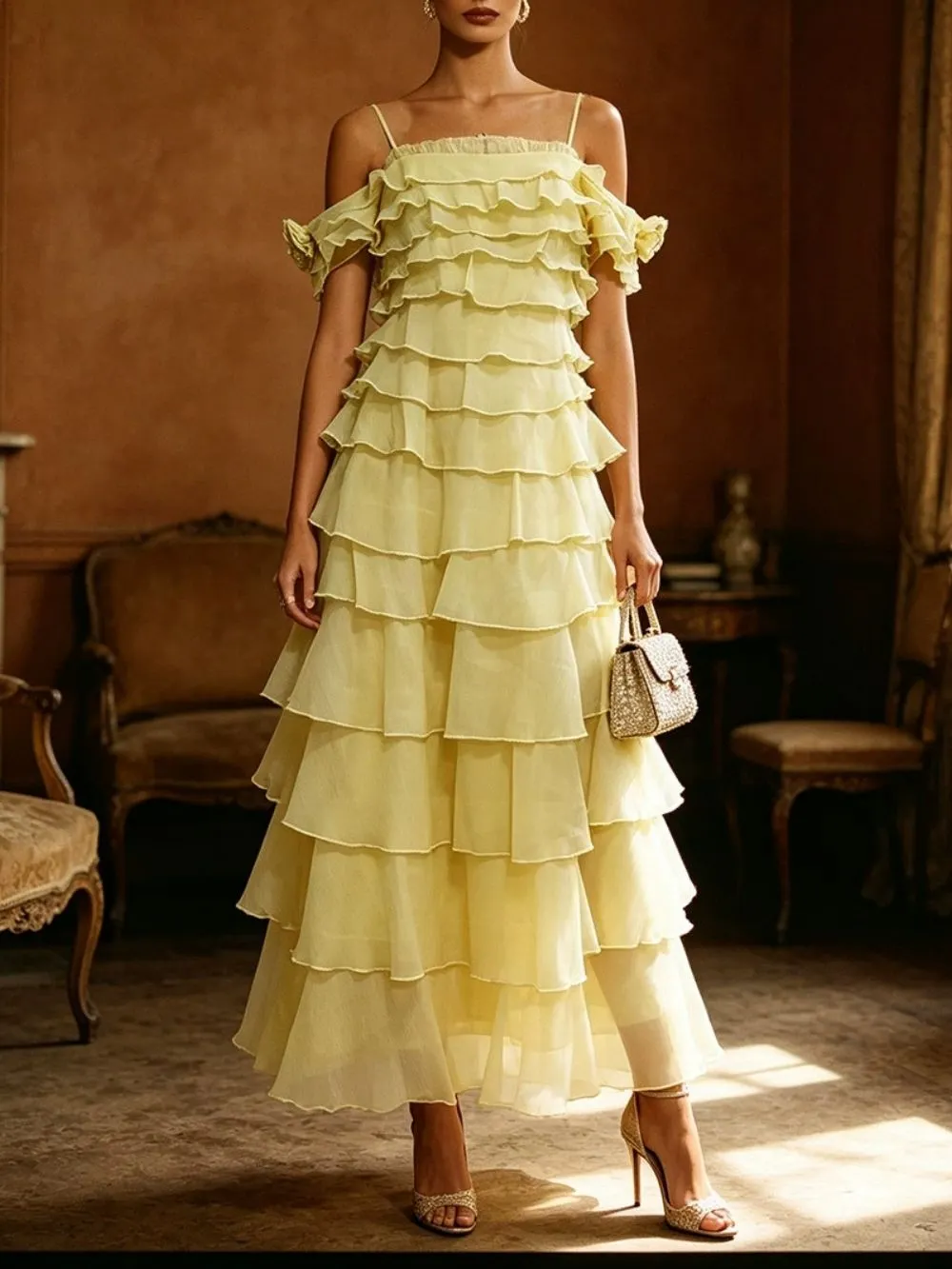 Malu Yellow Strappy Layered Midi Dress