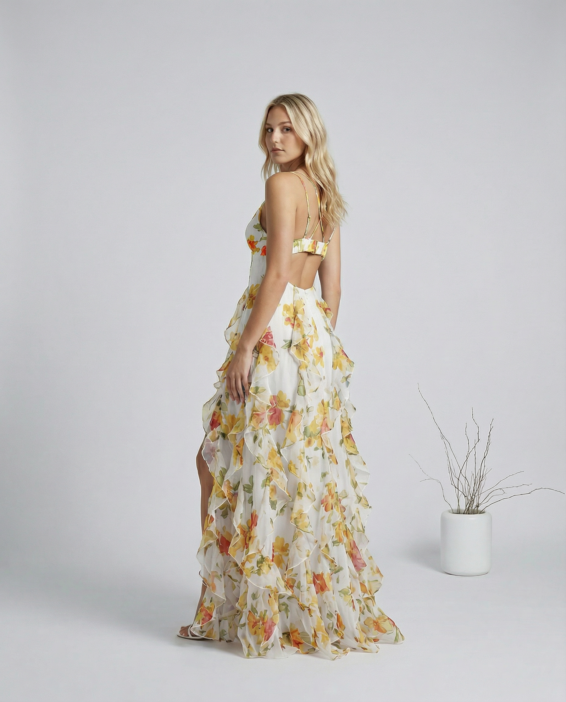 Floral Print Ruffle High Slit Maxi Dress – Red - OWNCI Floral Print Ruffle High Slit Maxi Dress – Red - OWNCI