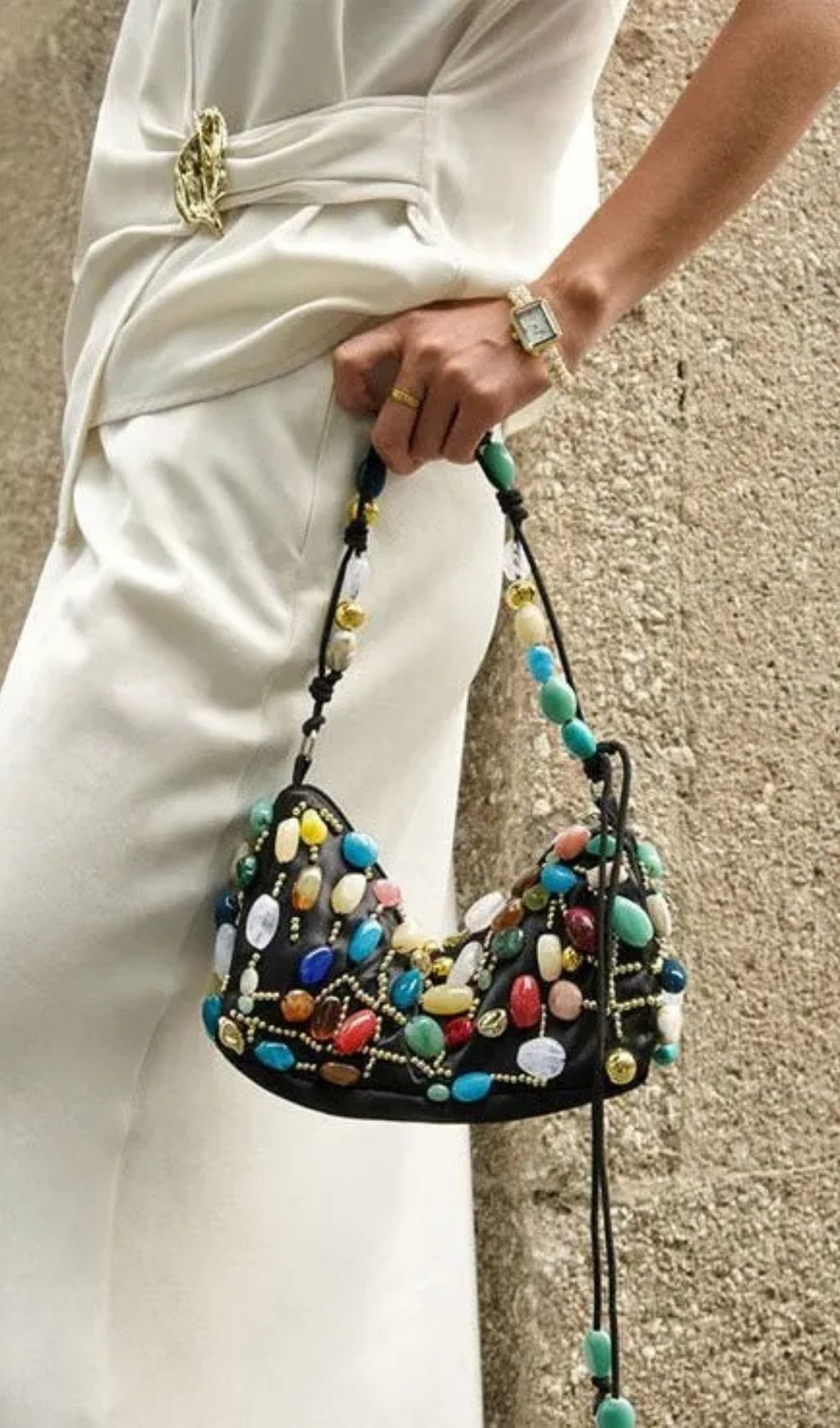 Beaded Crescent Shoulder Bag With Colorful Stone Embellishments