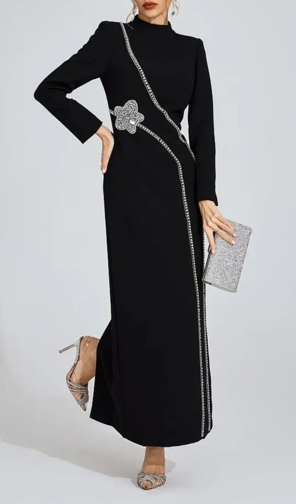 Nicola Diamond Embellished Long Sleeve Maxi Dress - Black