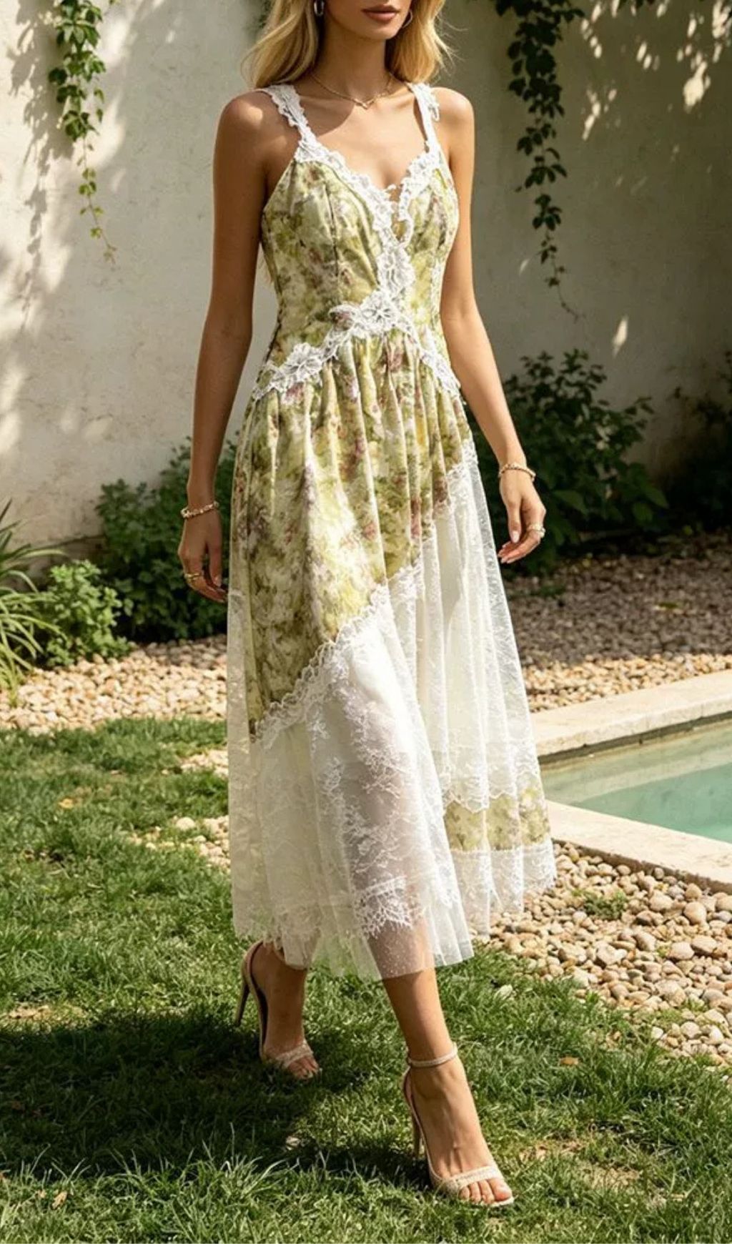 Fashionslee Women Madison Green Strappy Floral Lace Midi Dress