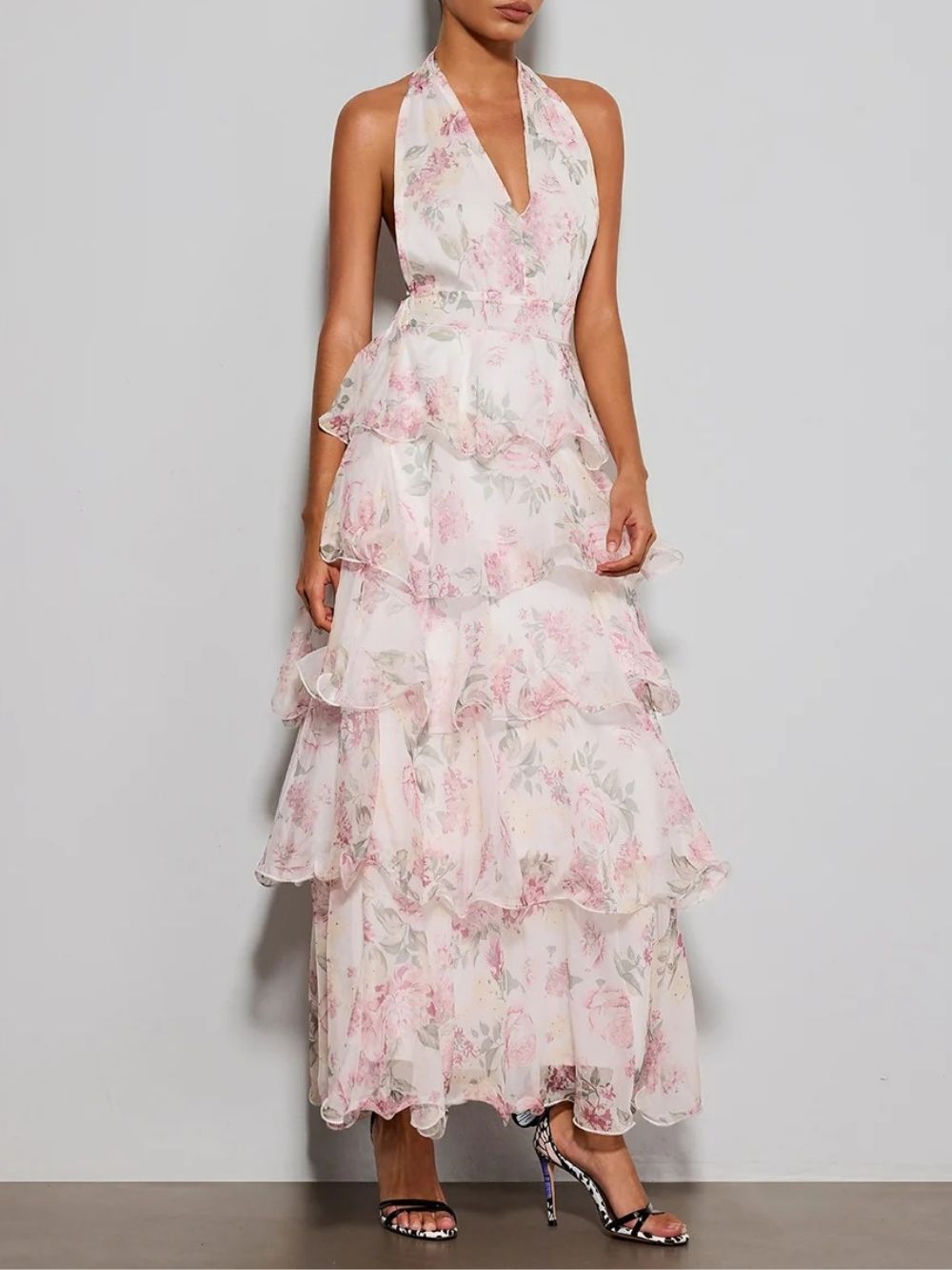 c6af0e0e81d6b8e7c818e07ea9276ceb Errin Halterneck Ruffle Tiered Floral Maxi Dress