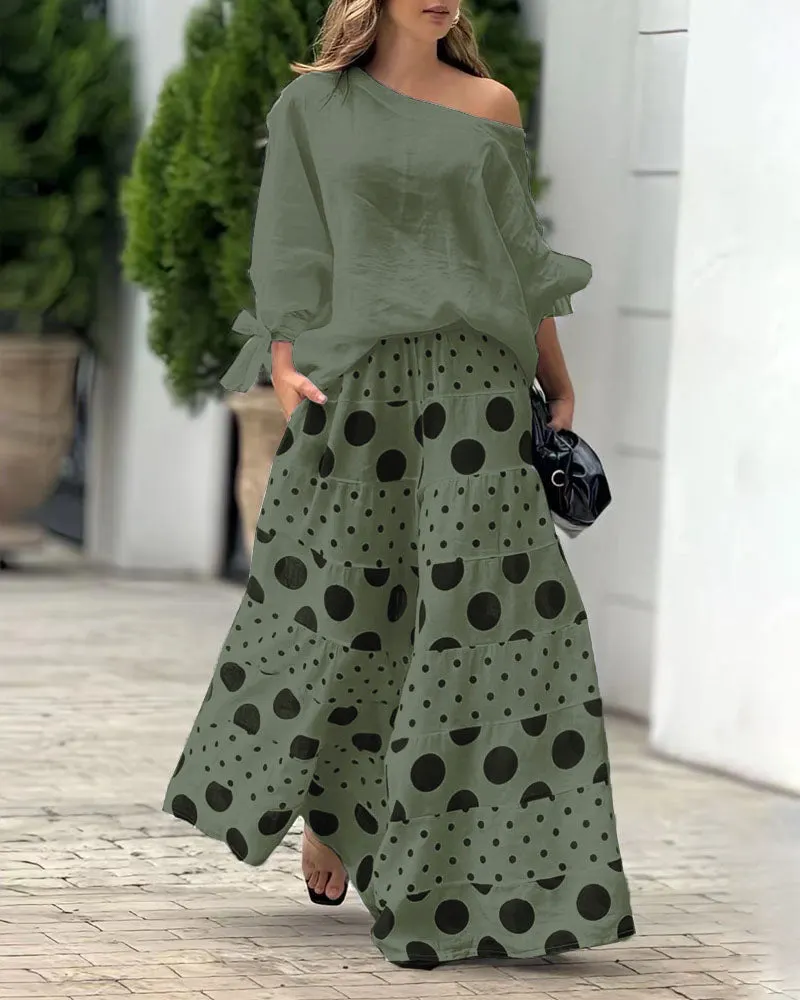Casual Shoulder Top & Printed Pants Two-Piece Set - OWNCI Casual Shoulder Top & Printed Pants Two-Piece Set - OWNCI