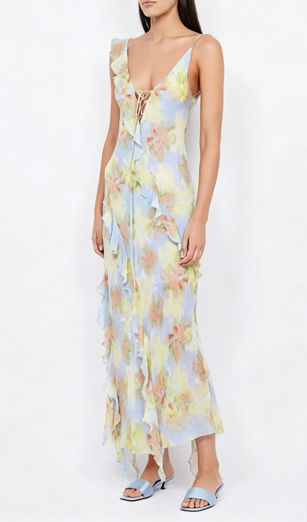 Jessie Blue Tie Dye V-Neck Ruffle Tie-Up Midi Dress