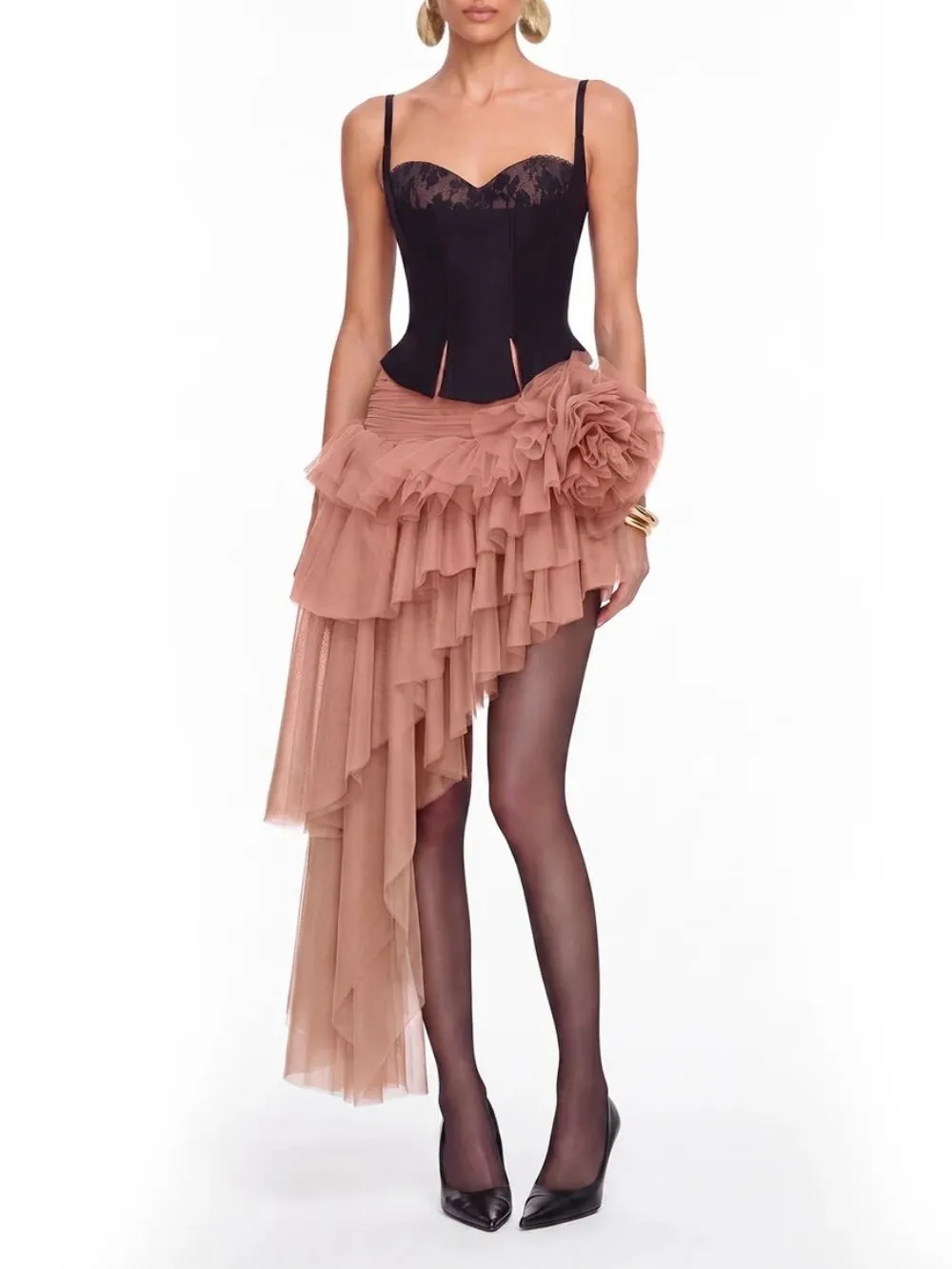 Tyveron Asymmetric Flower Skirt Set In Apricot