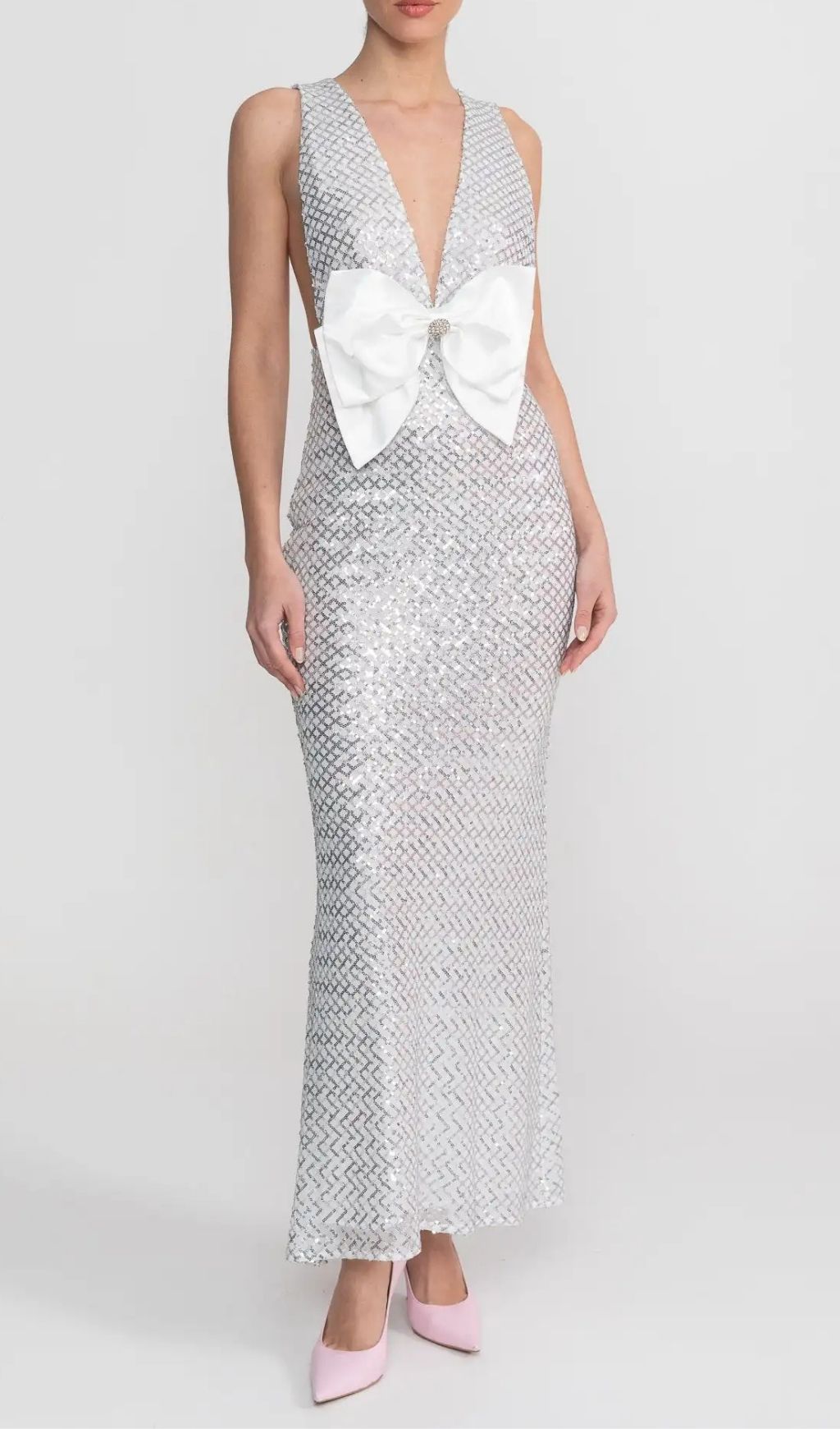 c7e4f922f1516a01f5b1a55160063101 Sequin Maxi Dress With Satin Bow Detail - Light Grey
