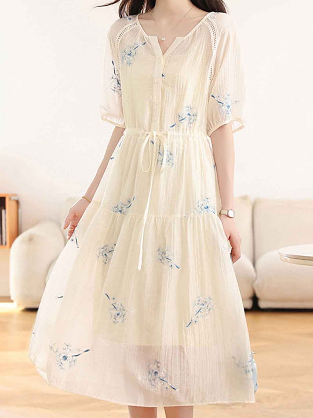 Nora Waisted V-Neck Embroidered Dress