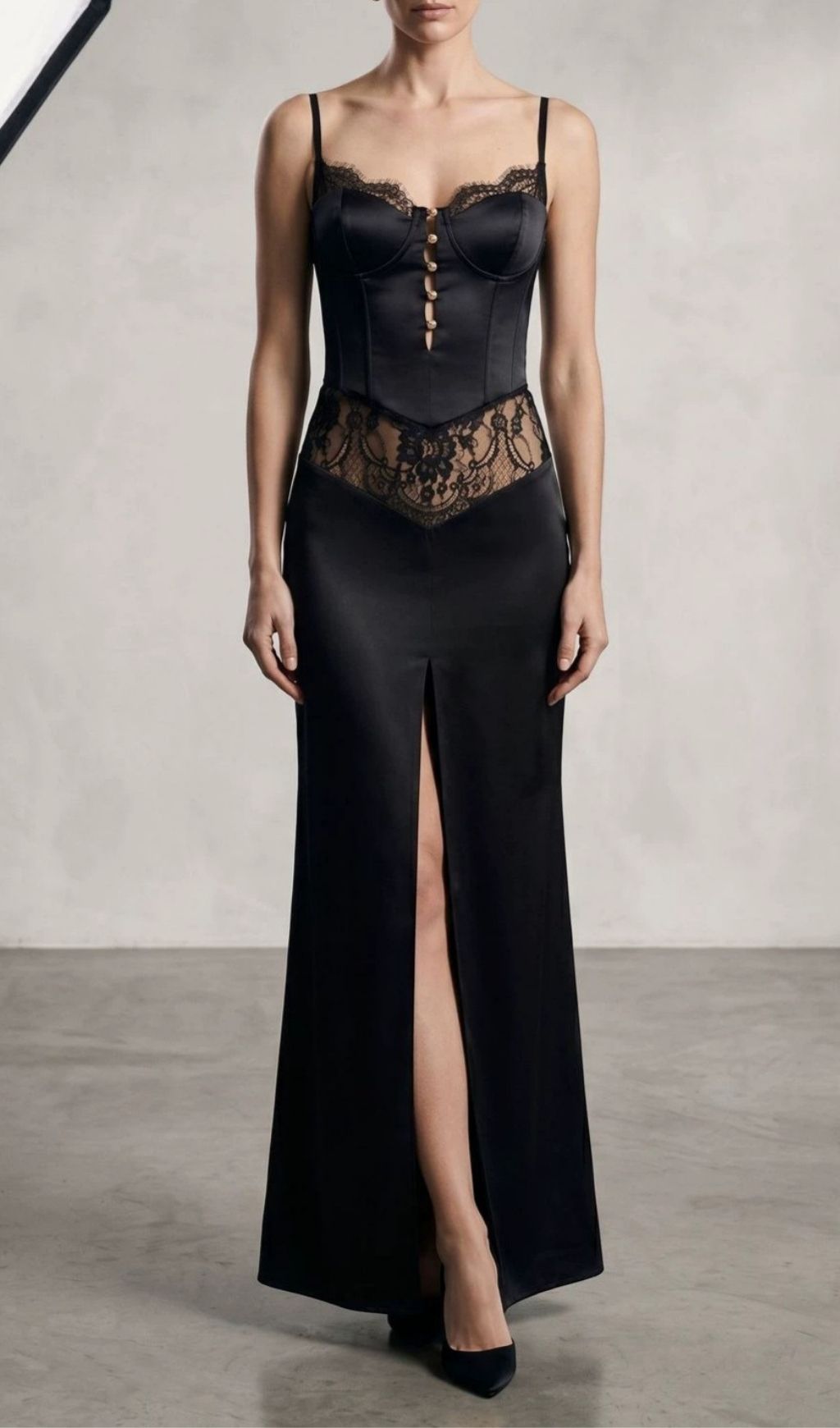 Satin Lace-Trimmed Slit Slip Maxi Dress In Black