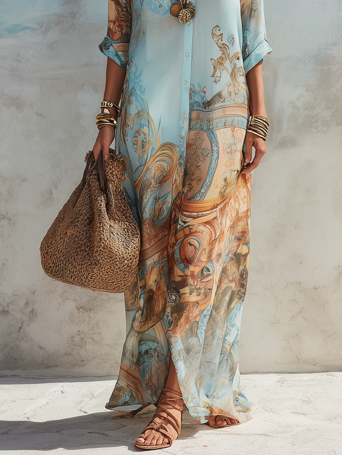 c8061b174a7a7180daebf6eaa2ab92e9 Vacation Blue Floral Print Shirt Maxi Dress