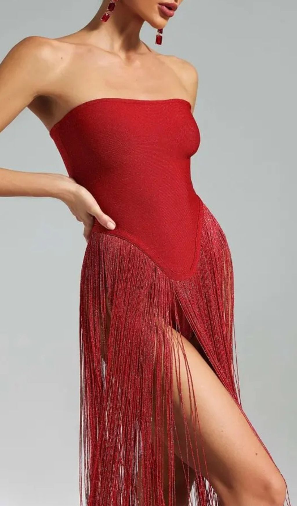 Helen Bodysuit Fringe Strapless Mini Dress In Red