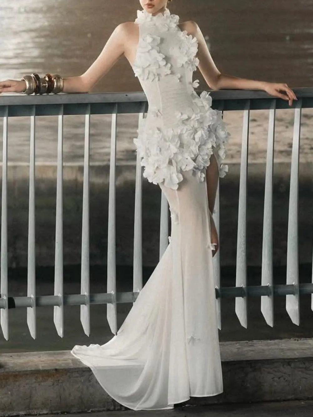 Fashionslee Women Madigan White Halter Flower Embellished Maxi Dress