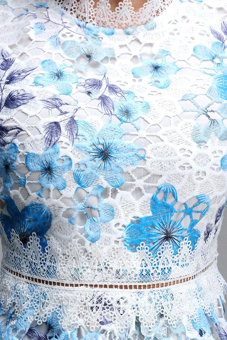 Blue Floral Hollow Lace High Neck Short Puff Sleeve Midi A-Line Dress