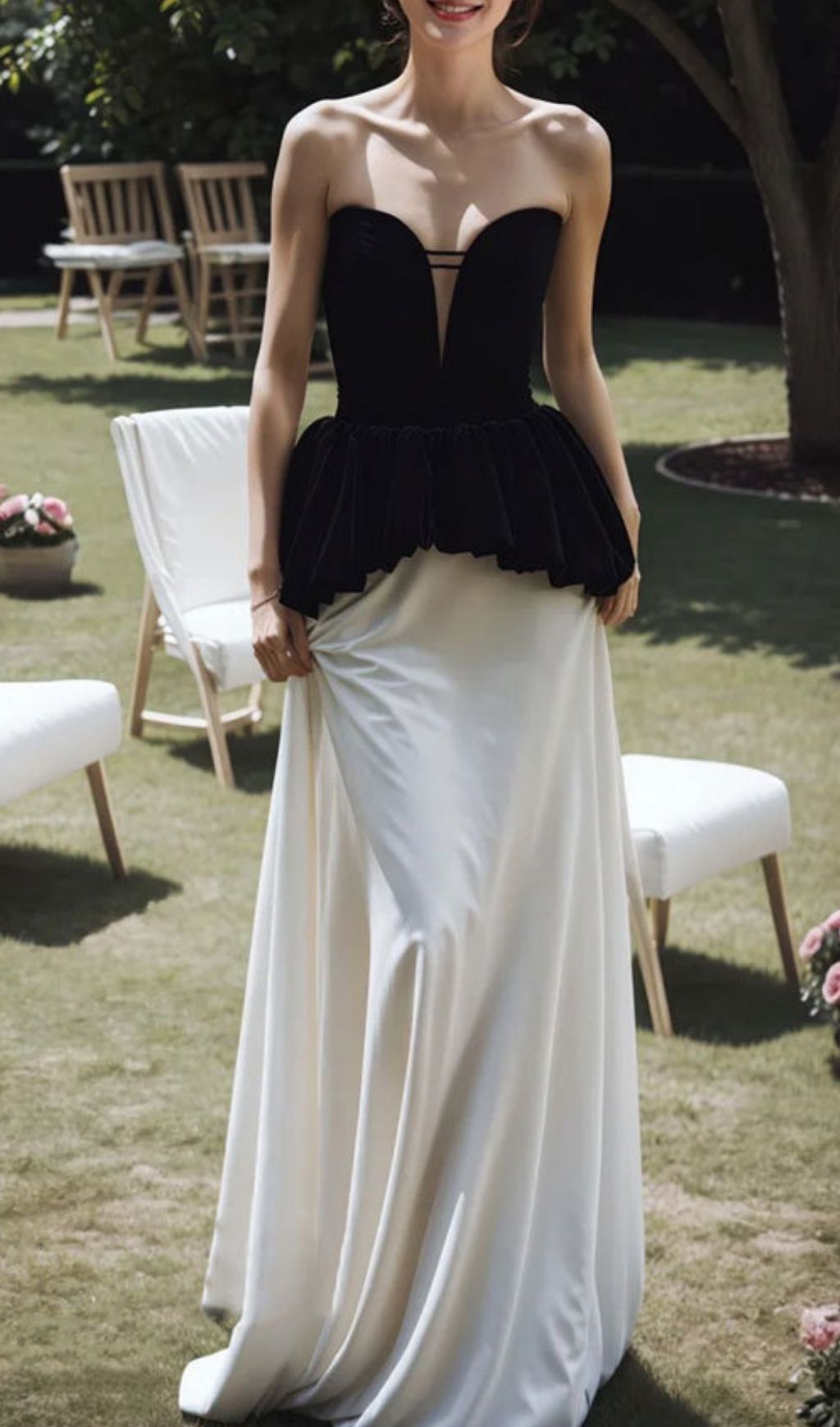 Fashionslee Women Lejla Strapless Black White Patchwork Maxi Dress