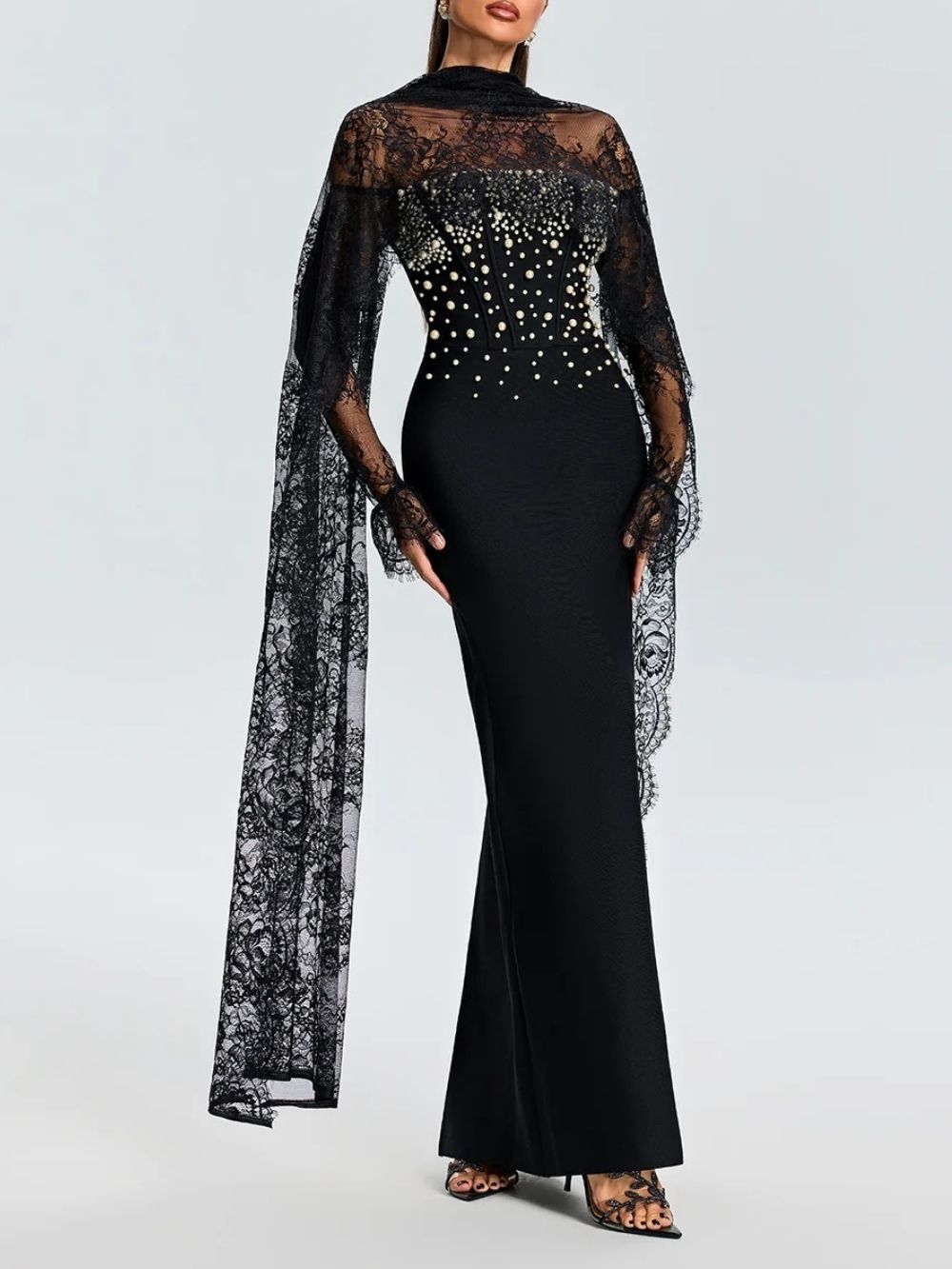 Evynne Cape Pearl Lace Maxi Dress
