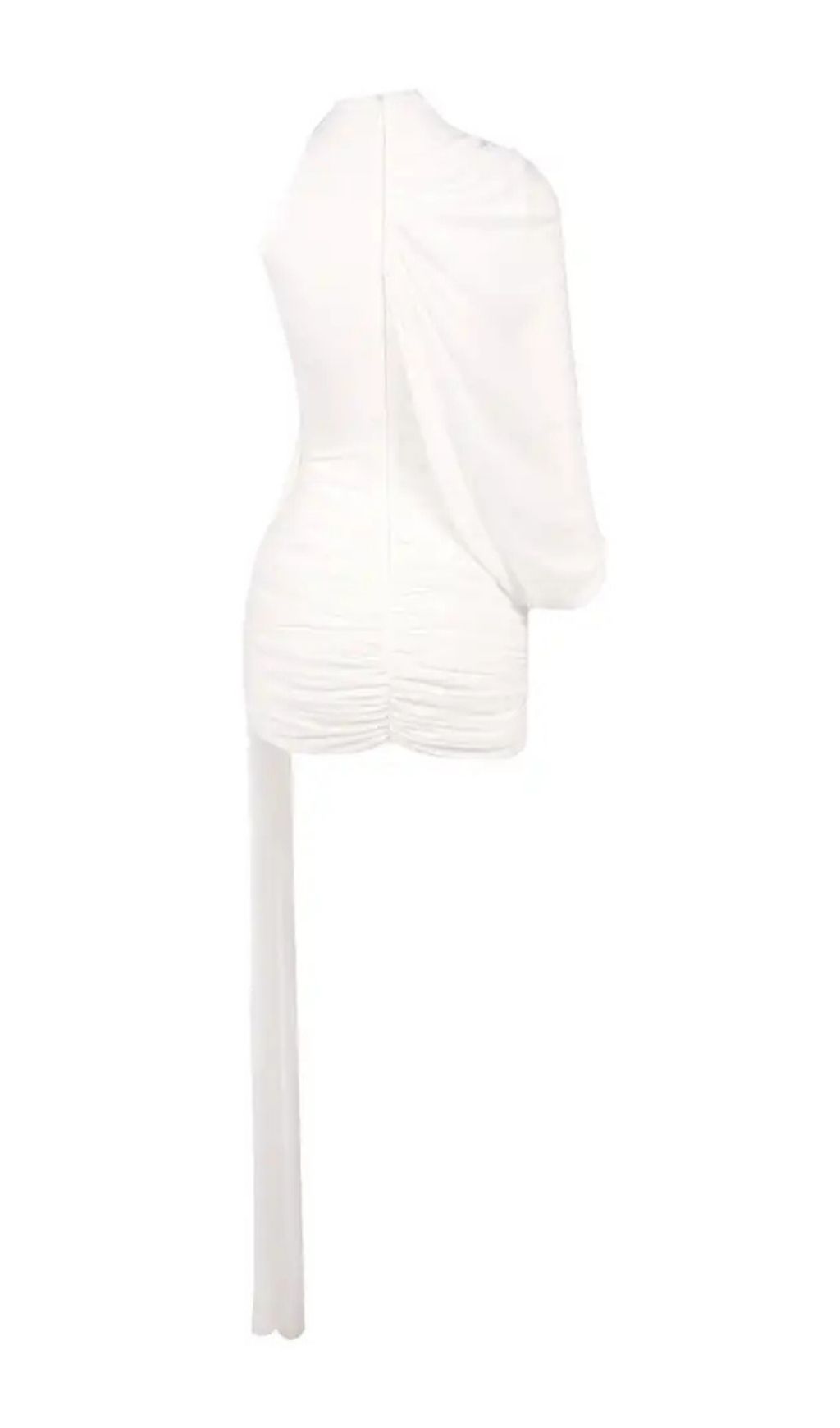c91742c304089218d572f03520e5ec72 Off-Shoulder Single-Sleeve Pleated Bodycon Ribbon Mini Dress - White