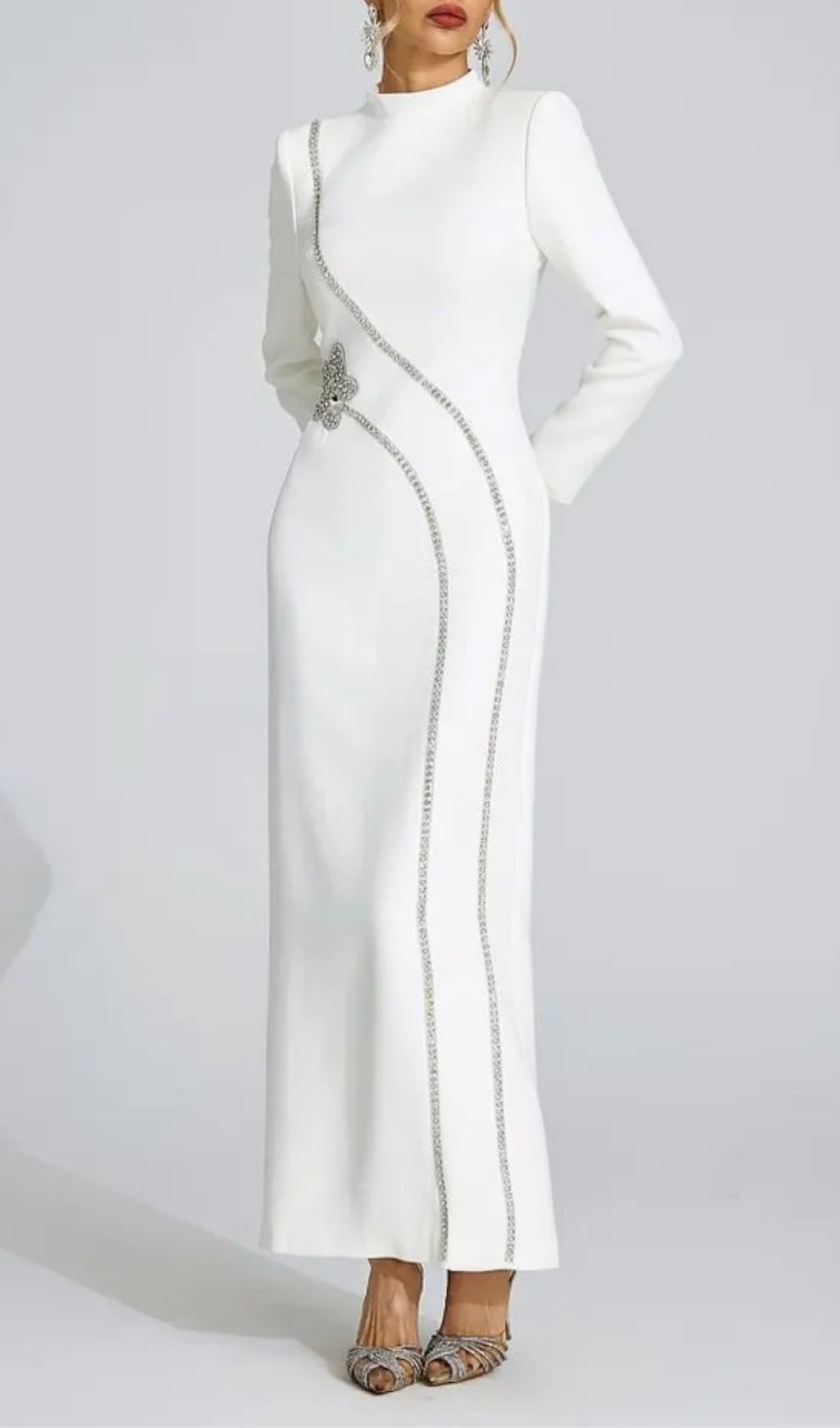 Nicola Diamond Embellished Long Sleeve Maxi Dress - White
