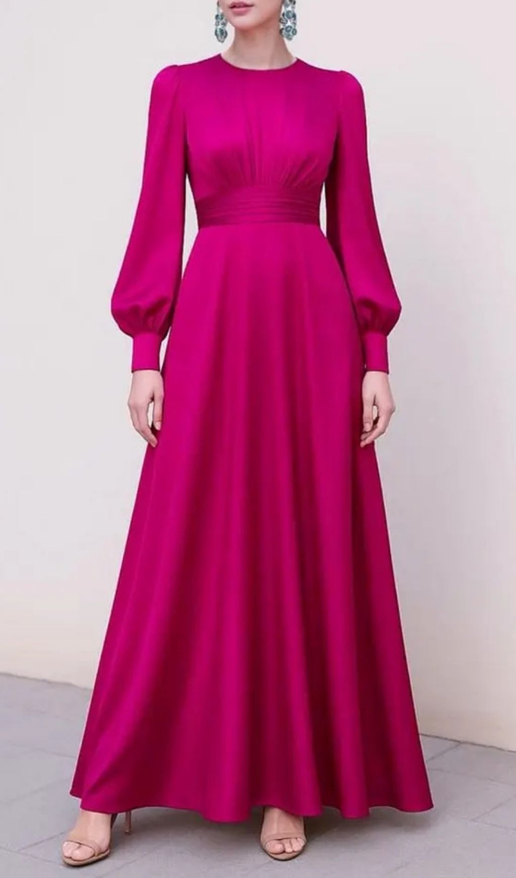 Fuchsia Satin Long Sleeve Maxi Dress With Gathered Waist - OWNCI Fuchsia Satin Long Sleeve Maxi Dress With Gathered Waist - OWNCI