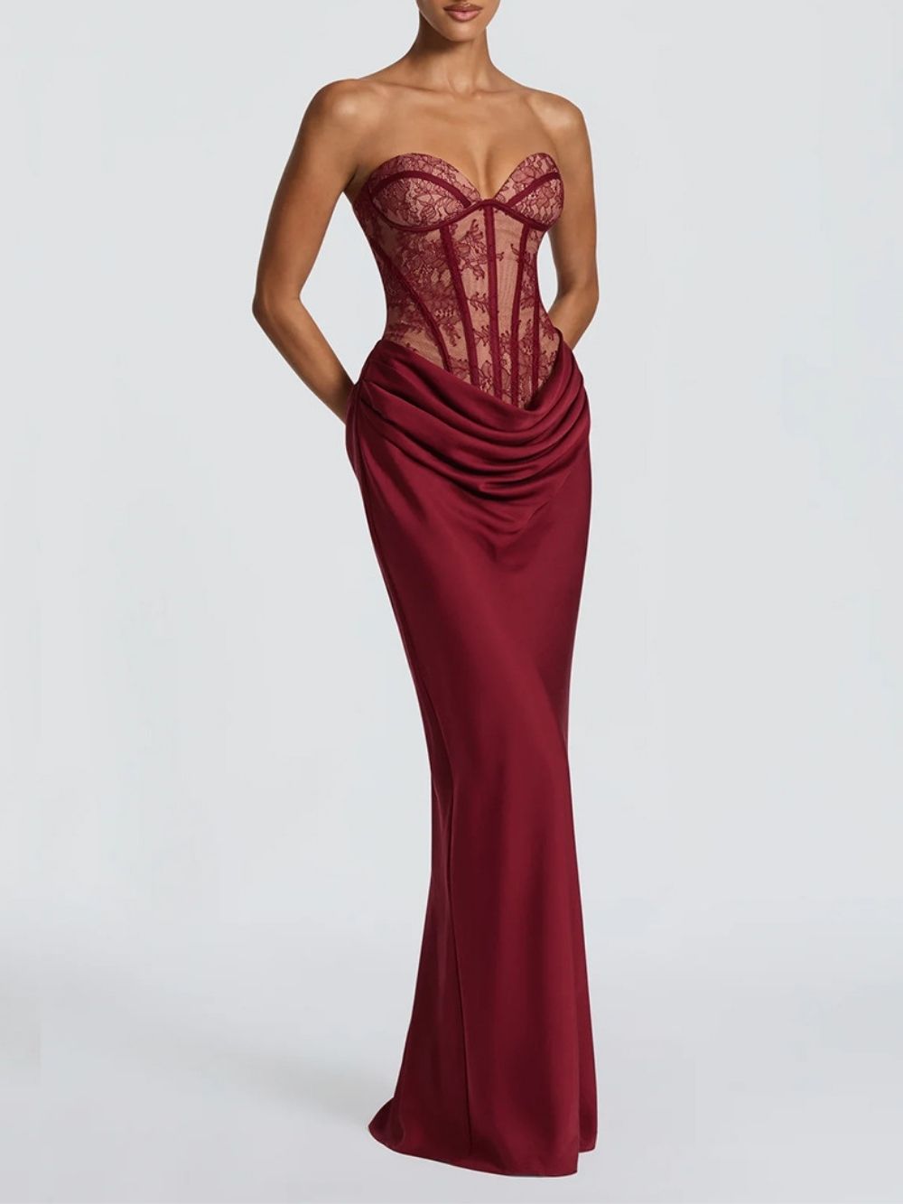 c9dc8199610f9b5626fbec0f7b4d6207 Makyla Red Strapless Lace Ruched Maxi Dress