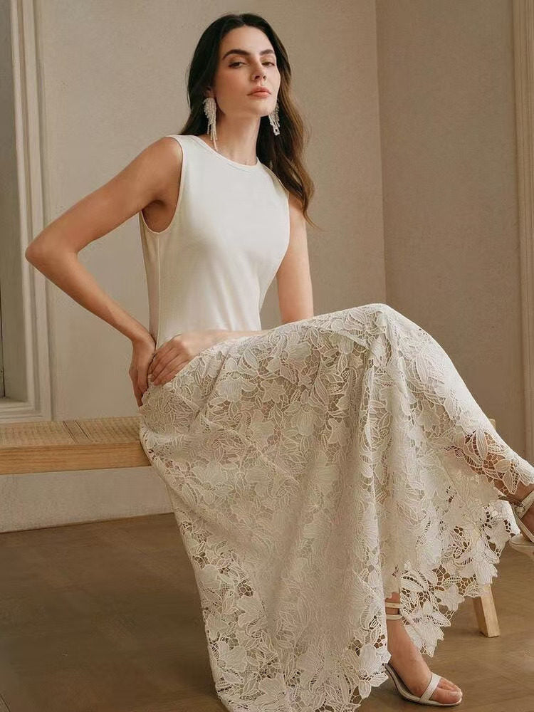 Crew Neck Lace Patchwork Sleeveless Maxi Dress - Beige
