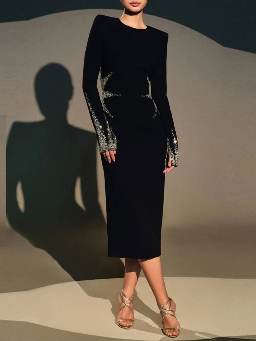 Mala Black Diamante Long Sleeve Midi Dress