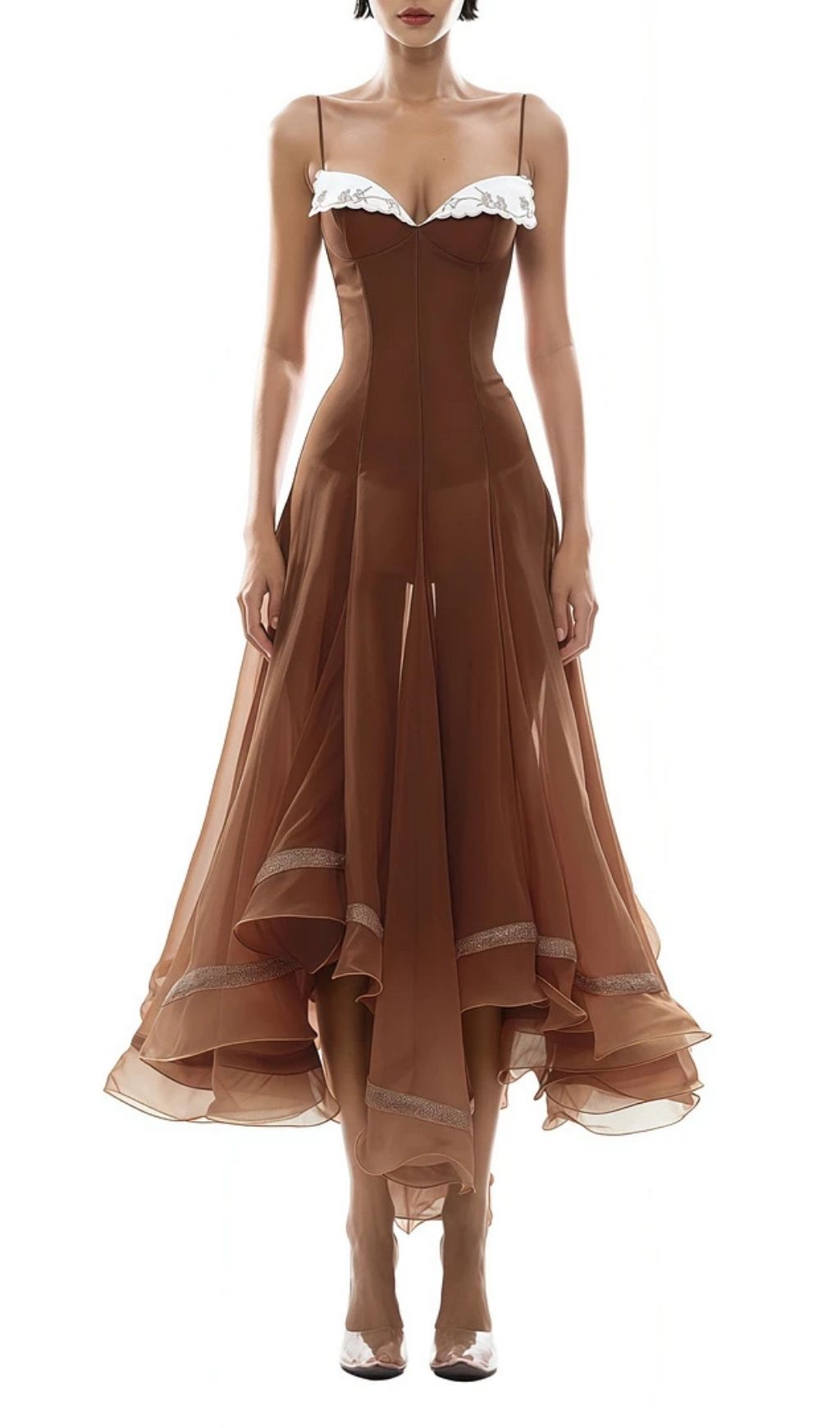 Xaviera Rust Asymmetrical Midi Dress In Brown