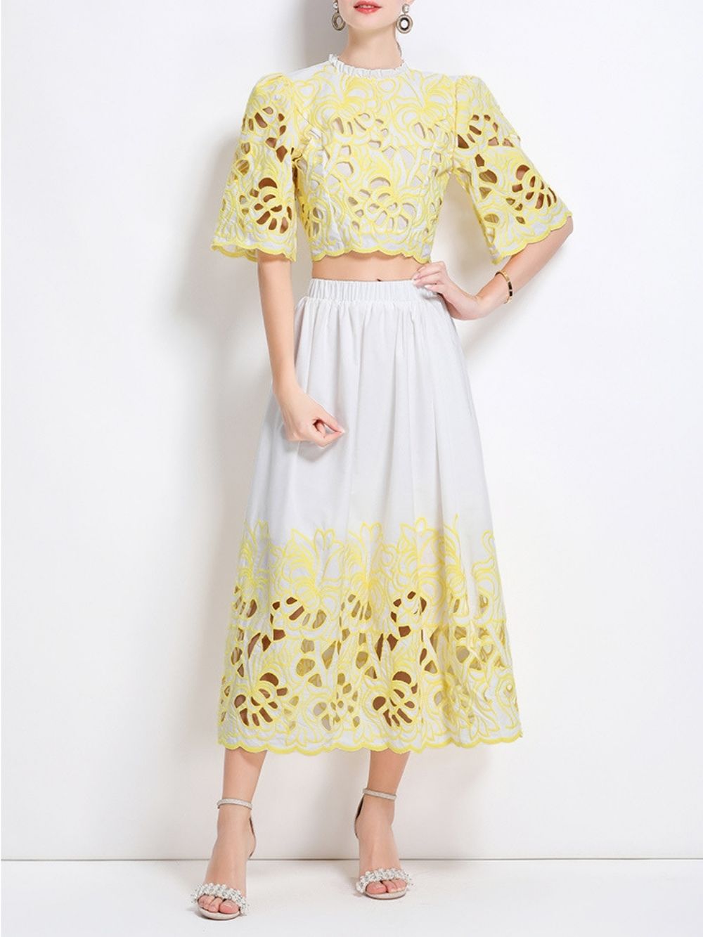 Mahira Yellow Flower Embroidery Two-Piece Set - OWNCI Mahira Yellow Flower Embroidery Two-Piece Set - OWNCI