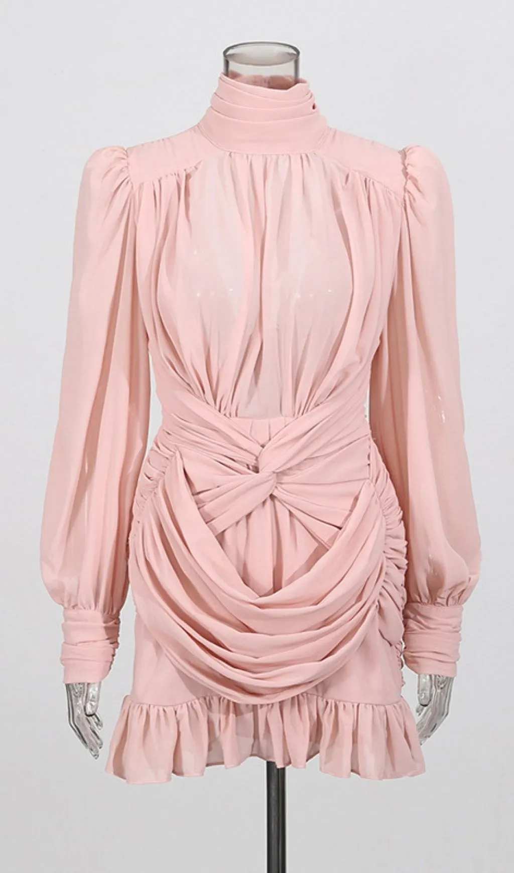 Fashionslee Women Lída Pink Long Sleeve Ruched Mini Dress