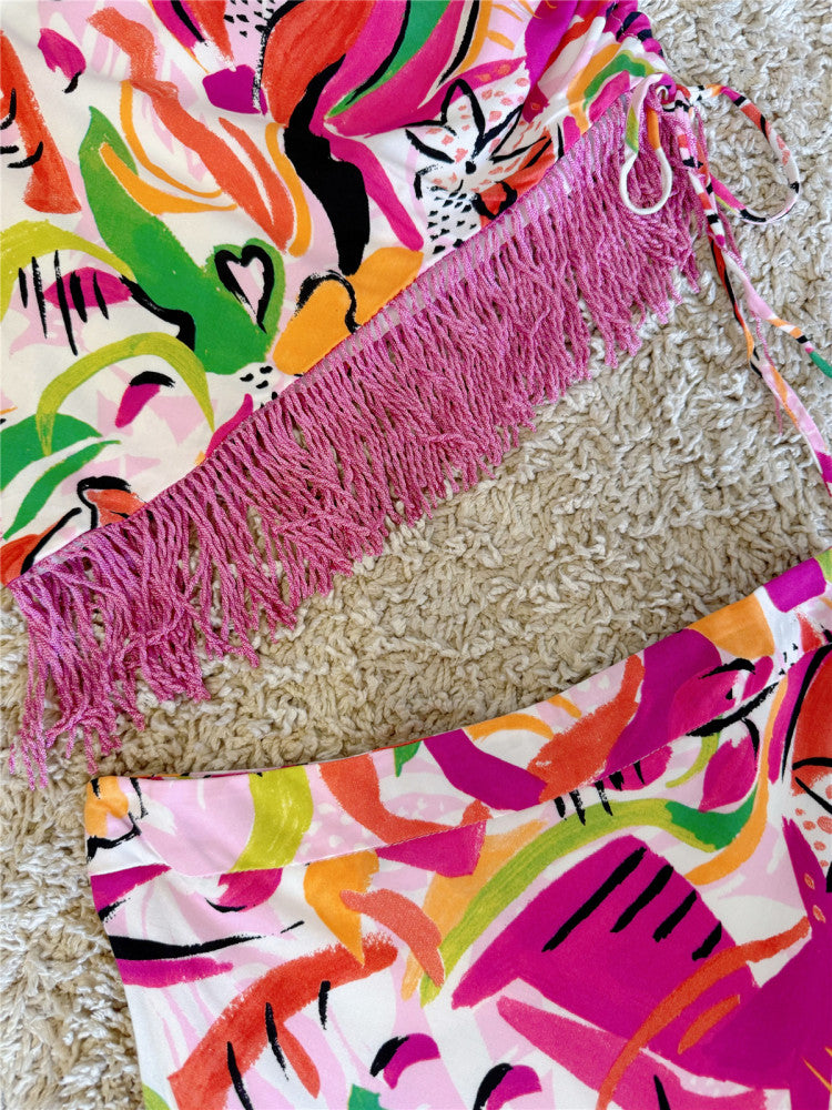 Painted Graffiti Irregular Strap Fringed Skirt Set