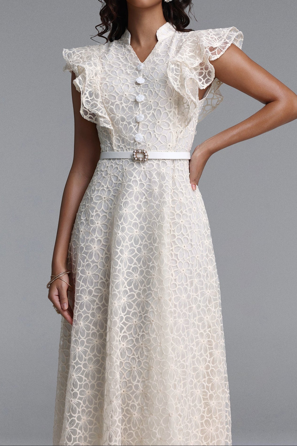 cb34ba61b54d5f4e83d7b7cfbf7ba981 Mandarin Collar Ruffle Sleeve Floral Lace Midi Dress With Belt