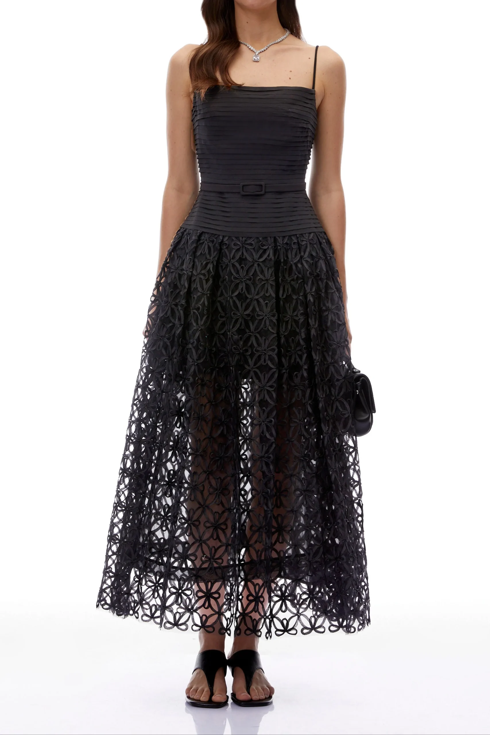 Black Spaghetti Strap Pleated Bodice Floral Cutout Lace Midi Dress