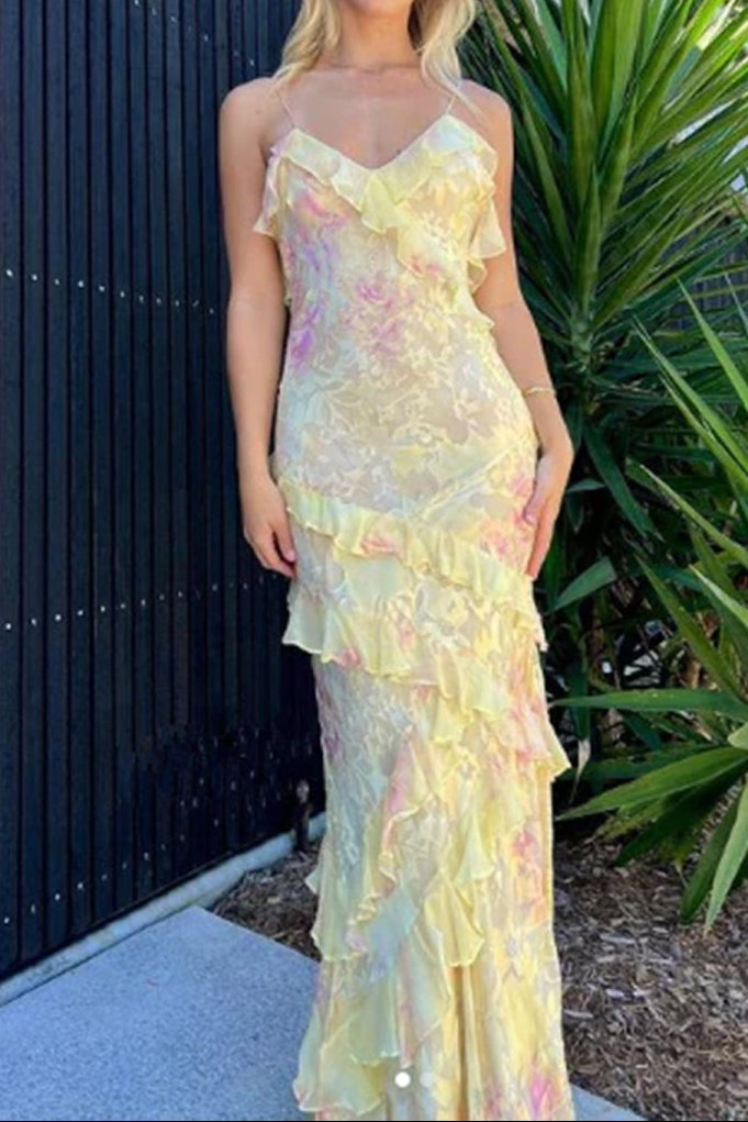 Floral Printed Spaghetti Straps Maxi Dress With Ruffles