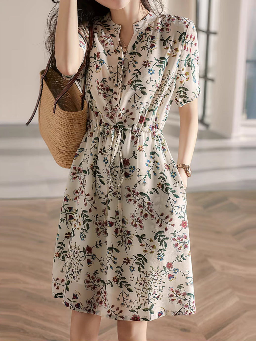 cb8720698a332bc75ad8e71819f6ecda Sabrina V-Neck Printed Drawstring Chiffon Dress