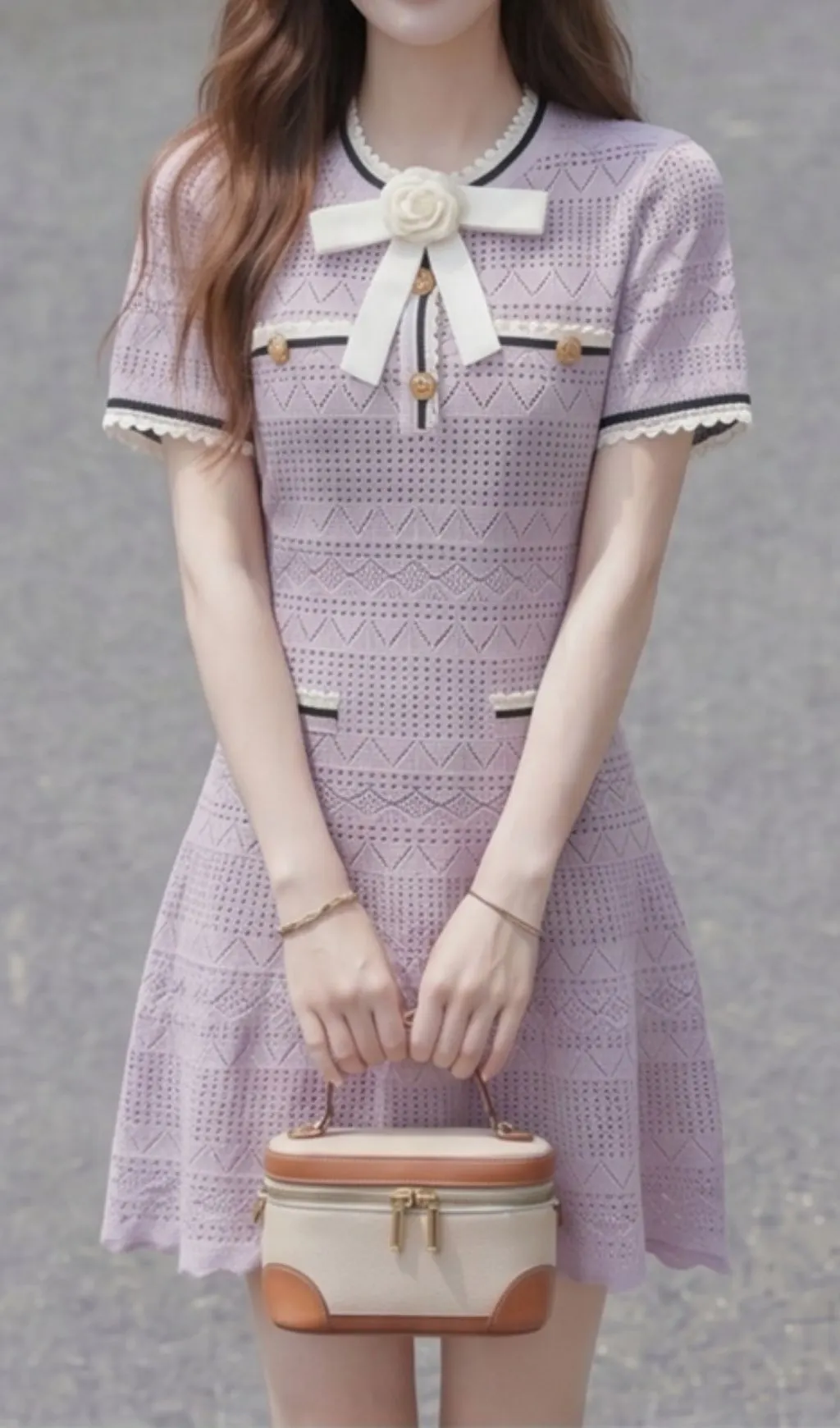 Fashionslee Women Madelene Purple Flower Bow Knit Mini Dress