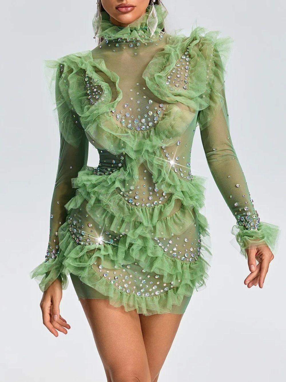 Euodia High Neck Tulle Ruffle Mesh Dress