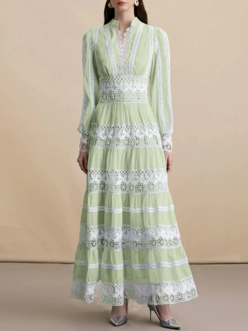 Mahnaz Green Lace Long Sleeve Maxi Dress