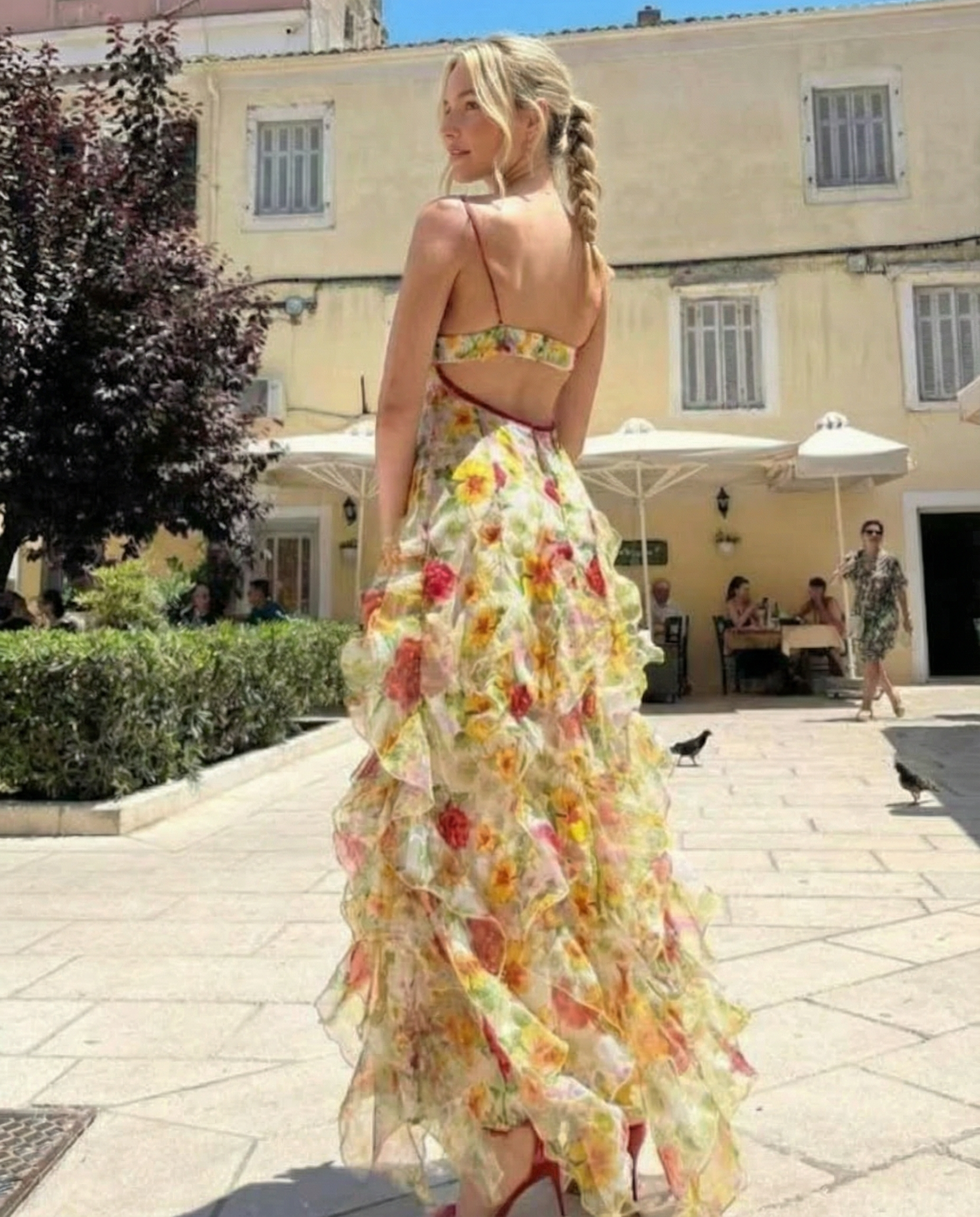 Floral Print Ruffle High Slit Maxi Dress – Red - OWNCI Floral Print Ruffle High Slit Maxi Dress – Red - OWNCI