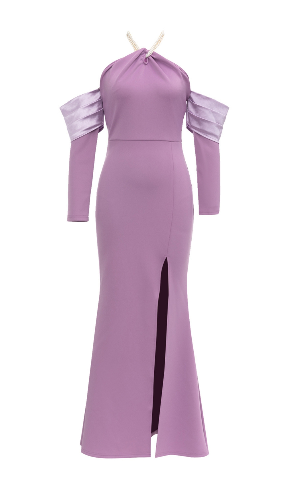 Boomer Purple Pearl Halter Long Sleeve Maxi Dress