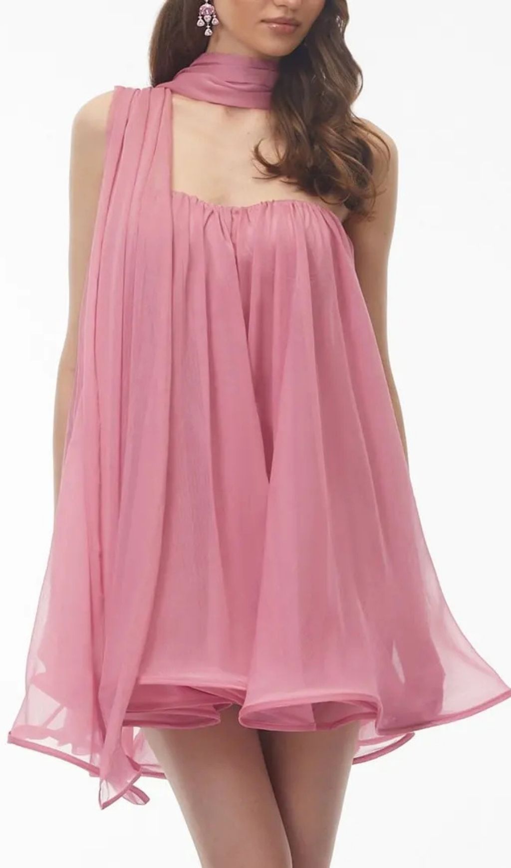 Rose Pink Ruched Mini Dress With Ribbon